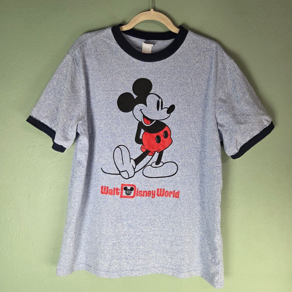 Walt Disney World WDW Mens Mickey Mouse Retro Faded Blue Ringer T-Shirt Large